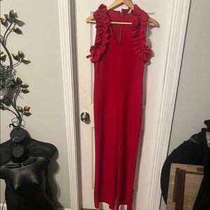 EUC Touch Me Pretty Red Ruffle Sleeveless Jumpsuit Size Large
